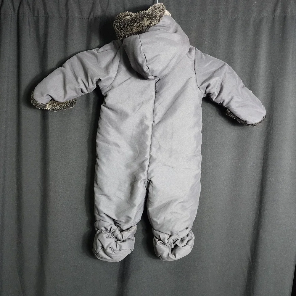 First Impressions Baby Gray Faux Fur Trim Hooded Pram Suit Bunting 3-6 Months